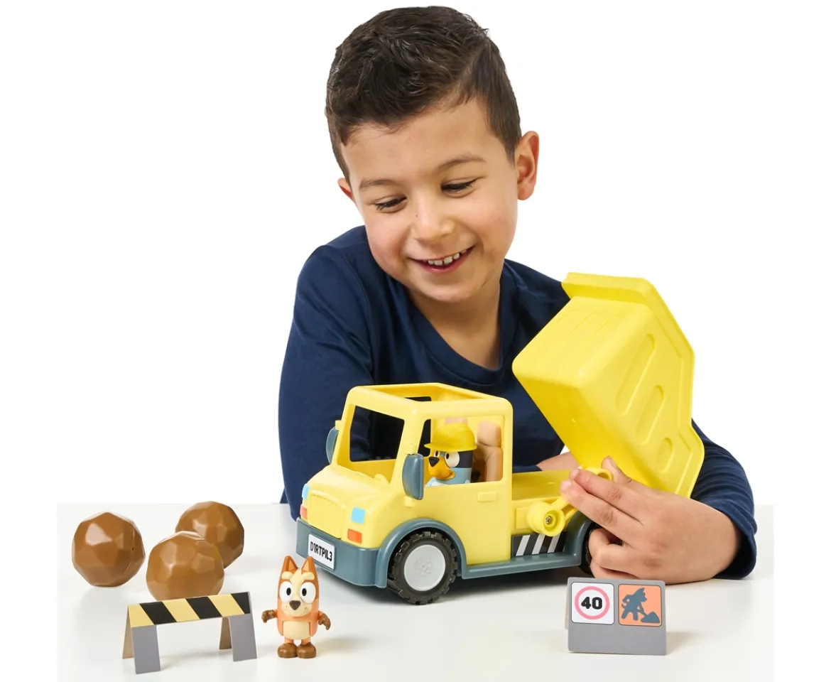 Ken Black Bluey's Dump Truck With Exclusive Hard-Hat Bluey and Muddy Bingo Figures| Preschool & Electronic Learning