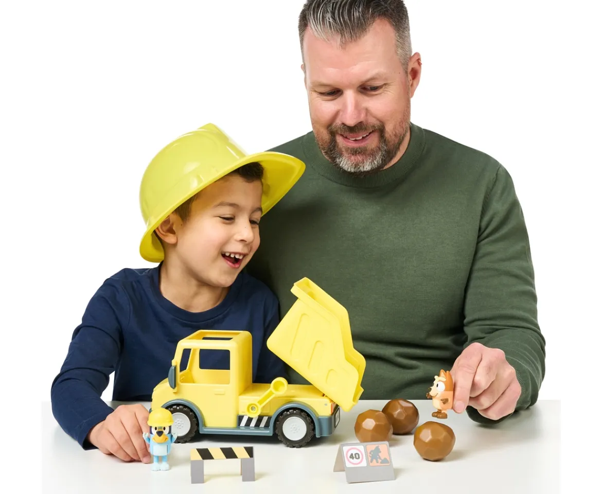Ken Black Bluey's Dump Truck With Exclusive Hard-Hat Bluey and Muddy Bingo Figures| Preschool & Electronic Learning