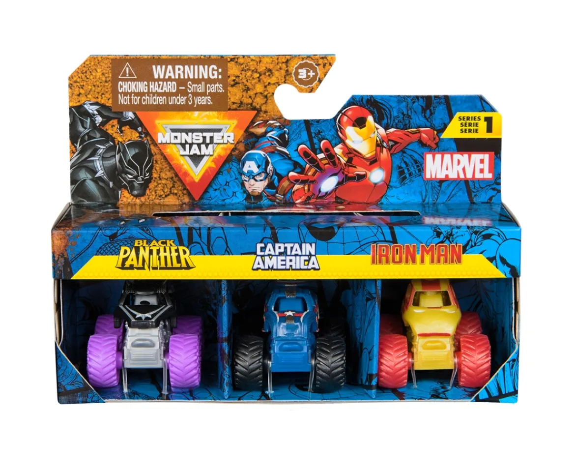 Ken Black Monster Jam Marvel Mini Monster Truck 3-Pack 1:87 Scale| Building & Vehicle Toys