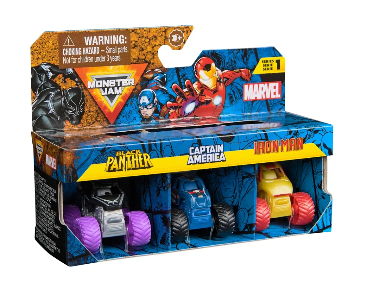 Ken Black Monster Jam Marvel Mini Monster Truck 3-Pack 1:87 Scale| Building & Vehicle Toys