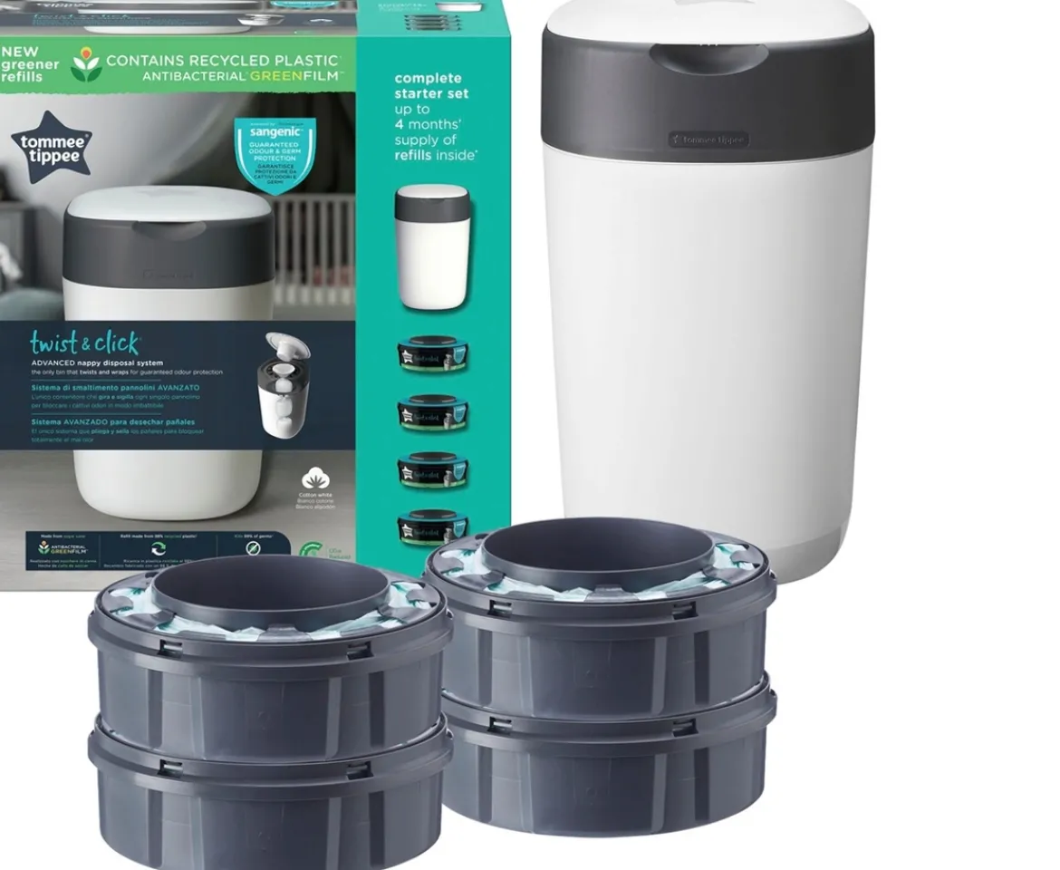Ken Black Tommee Tippee Twist & Click Advanced Nappy Bin Starter Set with 4 Cassettes| Potty Training